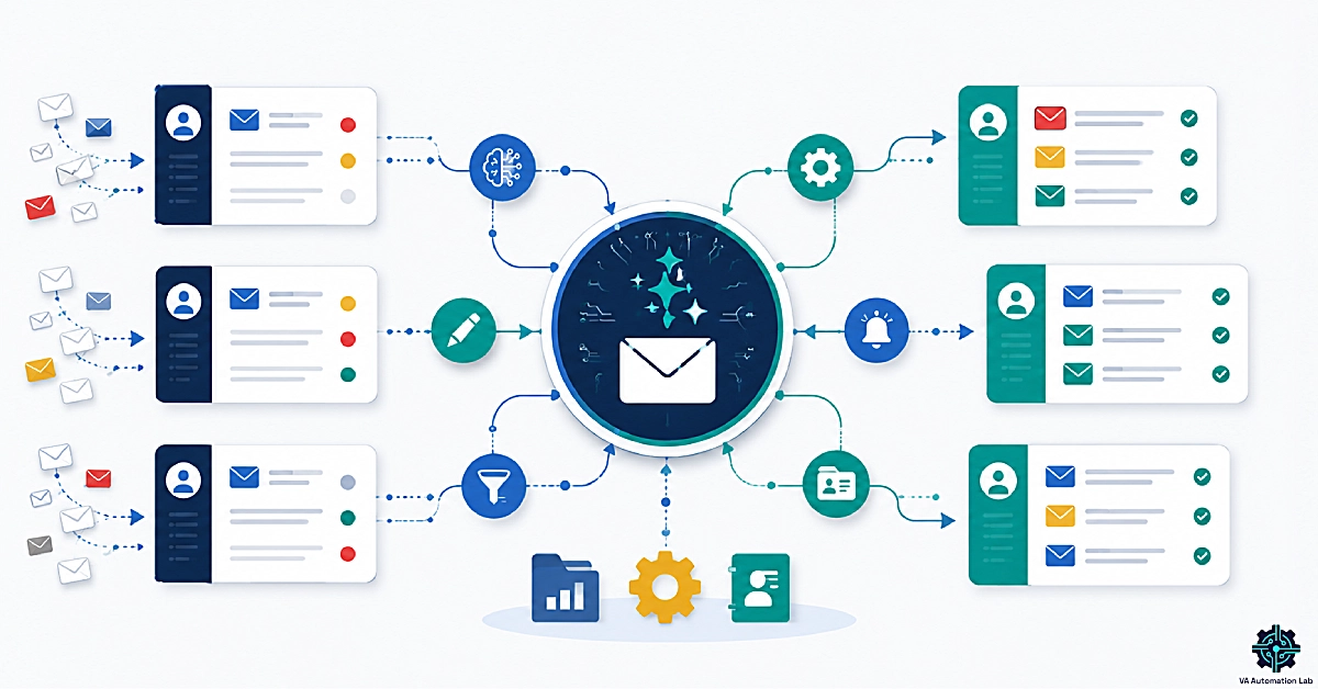 AI-powered email management system for virtual assistants showing multiple client inboxes connected to a centralized AI hub that organizes, prioritizes, and automates email workflows