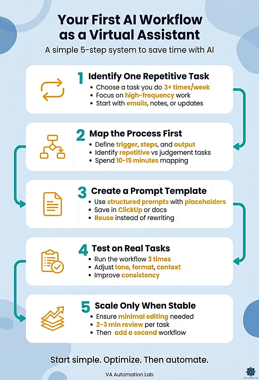 Infographic showing a 5-step AI workflow for virtual assistants, including identifying tasks, mapping processes, creating prompt templates, testing workflows, and scaling automation.