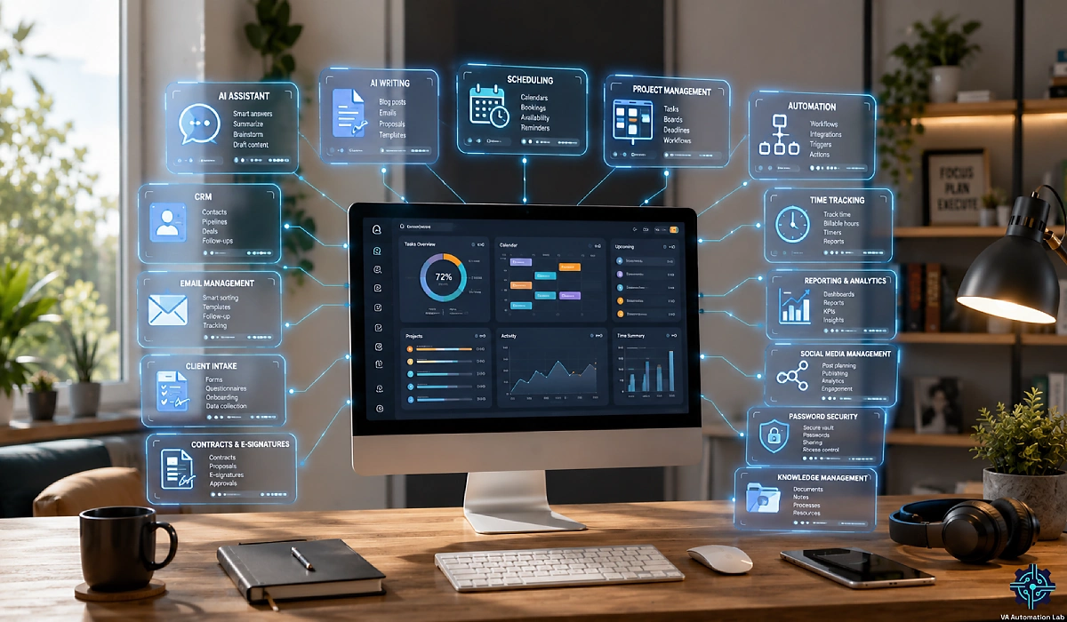 AI for virtual assistants workspace showing an integrated tool stack for automation, CRM, scheduling, productivity, and client management