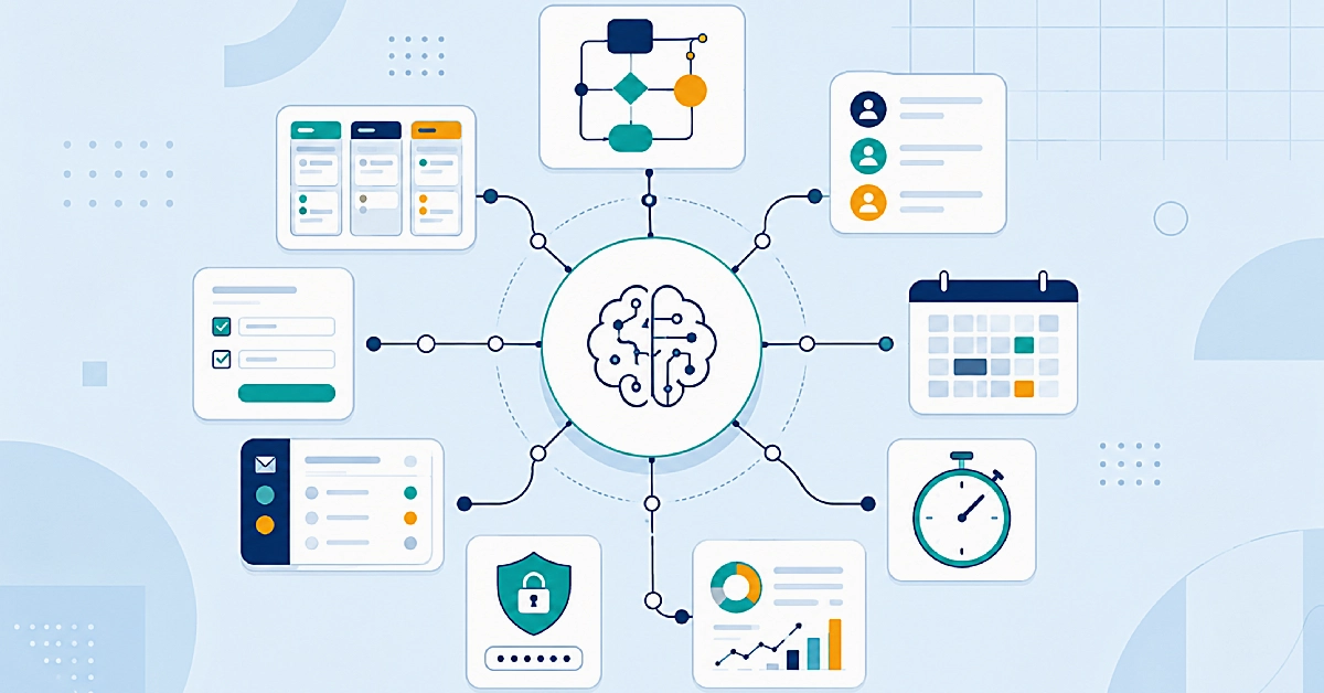 Illustration of an AI-powered virtual assistant workflow ecosystem connecting automation, project management, CRM, scheduling, email management, reporting, time tracking, onboarding, and security tools.