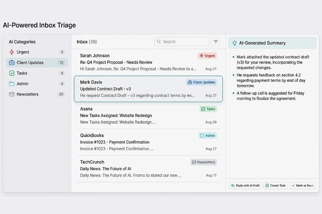 AI inbox triage for virtual assistants — categorizing emails into urgent, admin, client updates, tasks, and newsletters for faster daily processing.