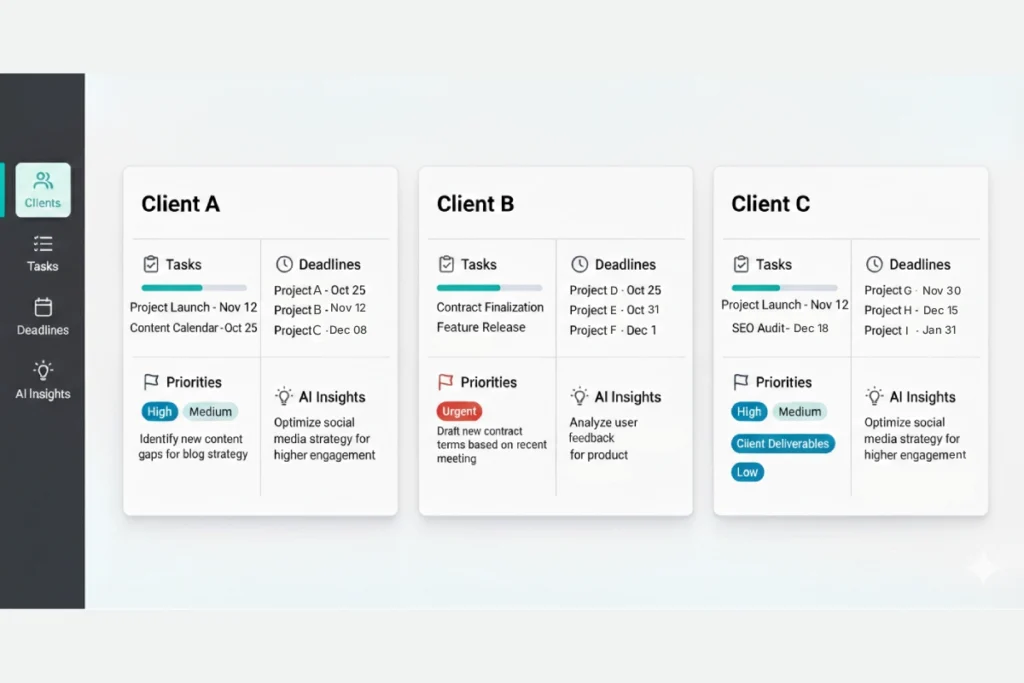 Multi-client management dashboard for virtual assistants — unified task view across all clients with AI-generated priorities, deadlines, and status indicators.