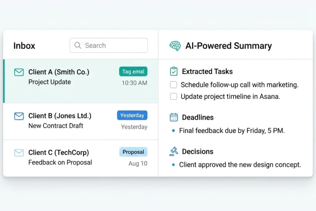 AI-powered inbox management for virtual assistants managing multiple clients — categorized emails by client with AI-extracted tasks, deadlines, and recommended actions.