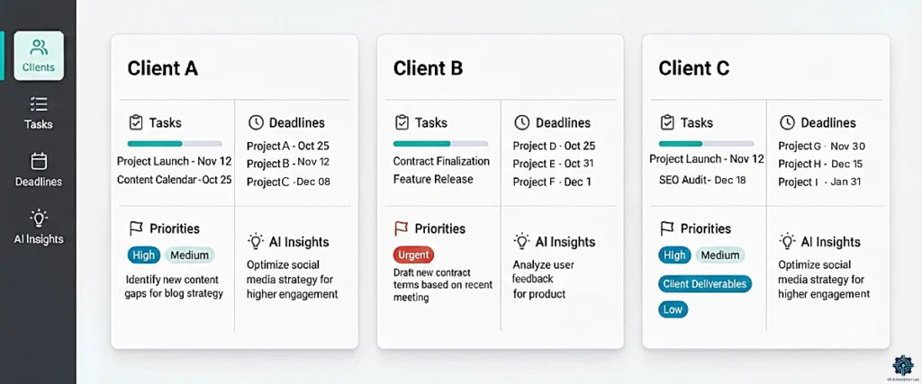 Multi-client management dashboard for virtual assistants — unified task view across all clients with AI-generated priorities, deadlines, and status indicators.