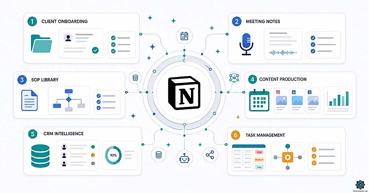 Notion AI operating system for virtual assistants with onboarding, SOPs, meeting notes, content workflows, and CRM