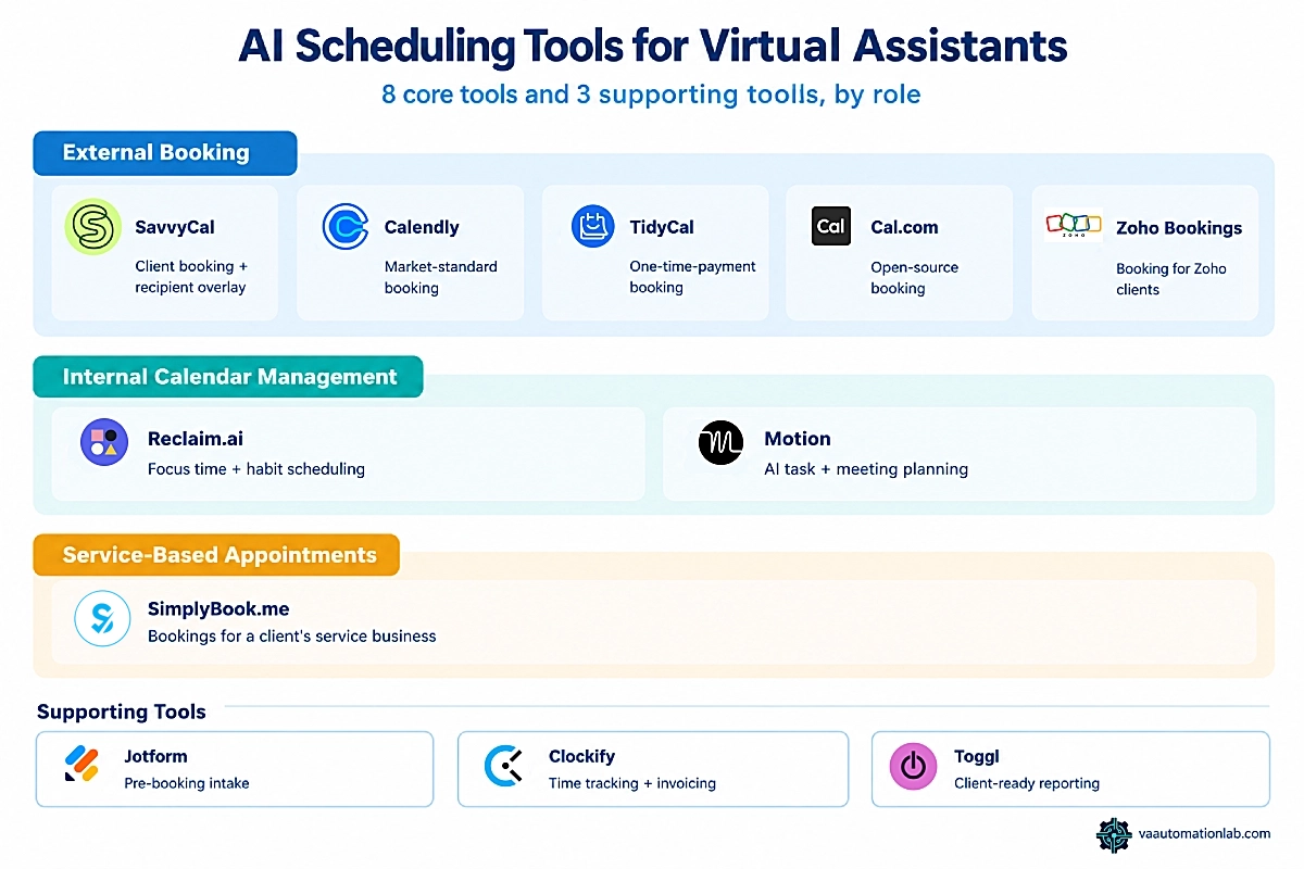 AI scheduling tools for virtual assistants — 8 core tools and 3 supporting tools by role and use case