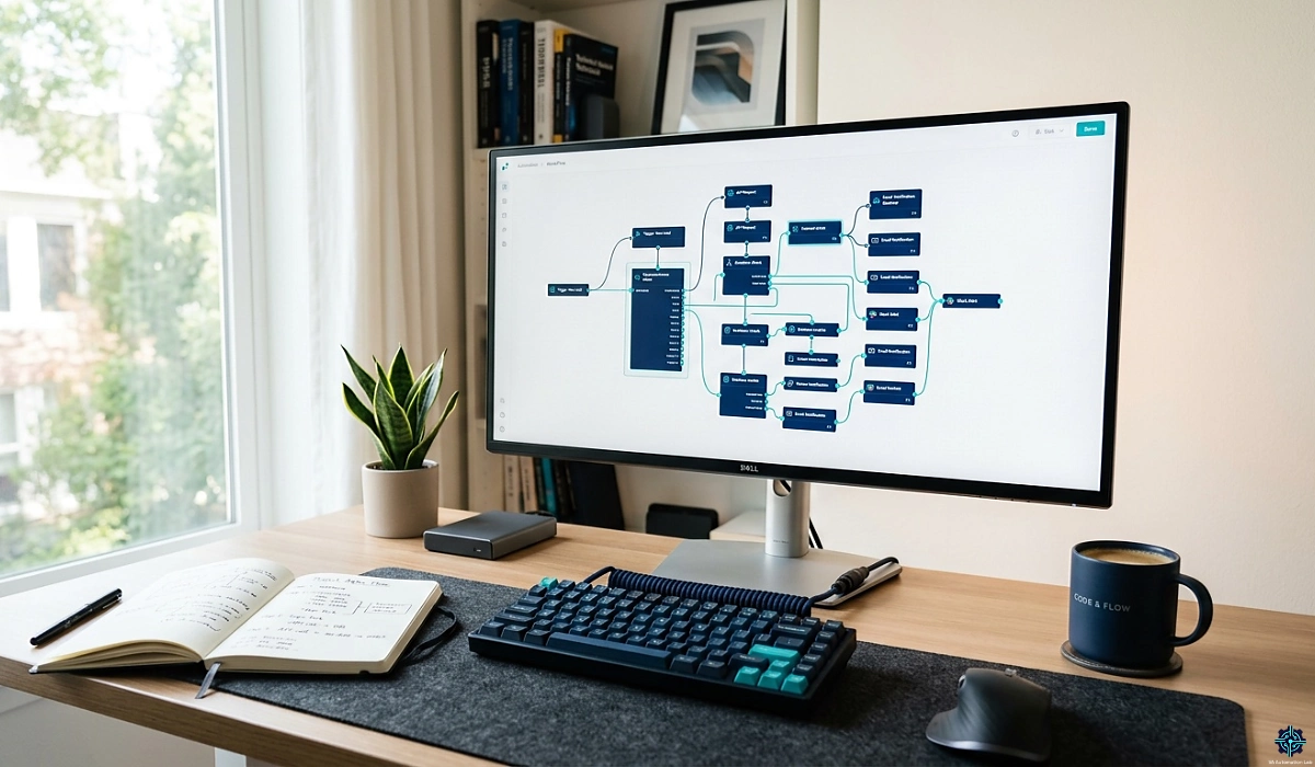 Best automation workflows for virtual assistants — connected workflow modules on a monitor screen showing a multi-step automation system
