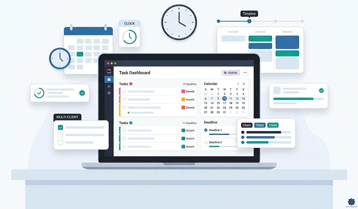ClickUp for virtual assistants — color-coded client lists, task management dashboard, and workspace views on a laptop