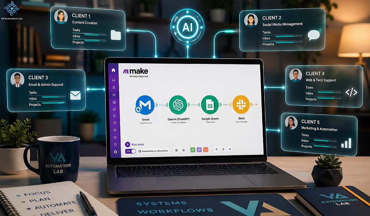 AI-powered automated workflow for virtual assistants to manage multiple clients