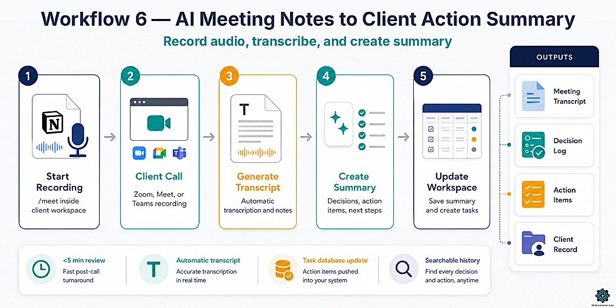 Notion AI meeting notes workflow showing recording, transcription, action summaries, and task creation