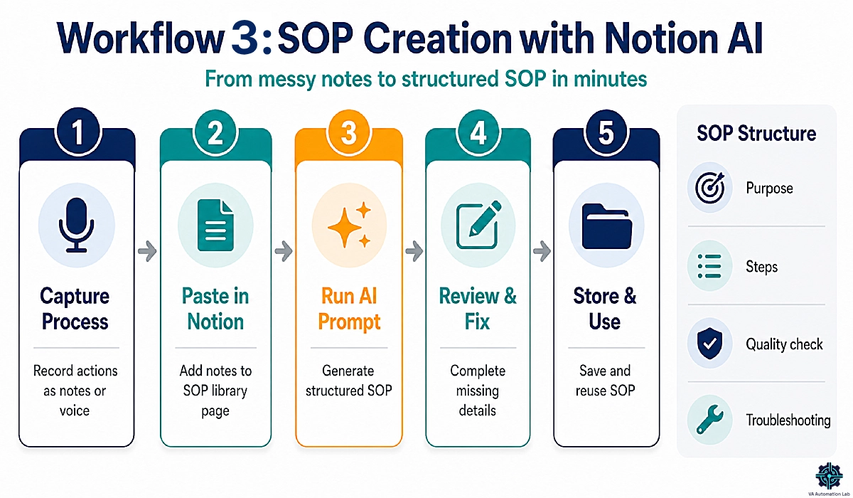 Notion AI SOP creation workflow for virtual assistants: turn process notes into structured SOPs with quality checks