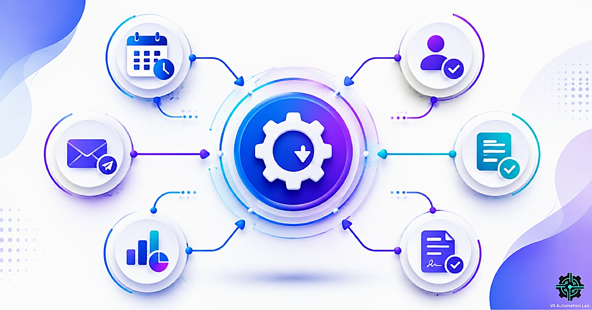 Automation for virtual assistants workflow hub connecting scheduling, client onboarding, email automation, reporting, lead capture, and document management into one automated system