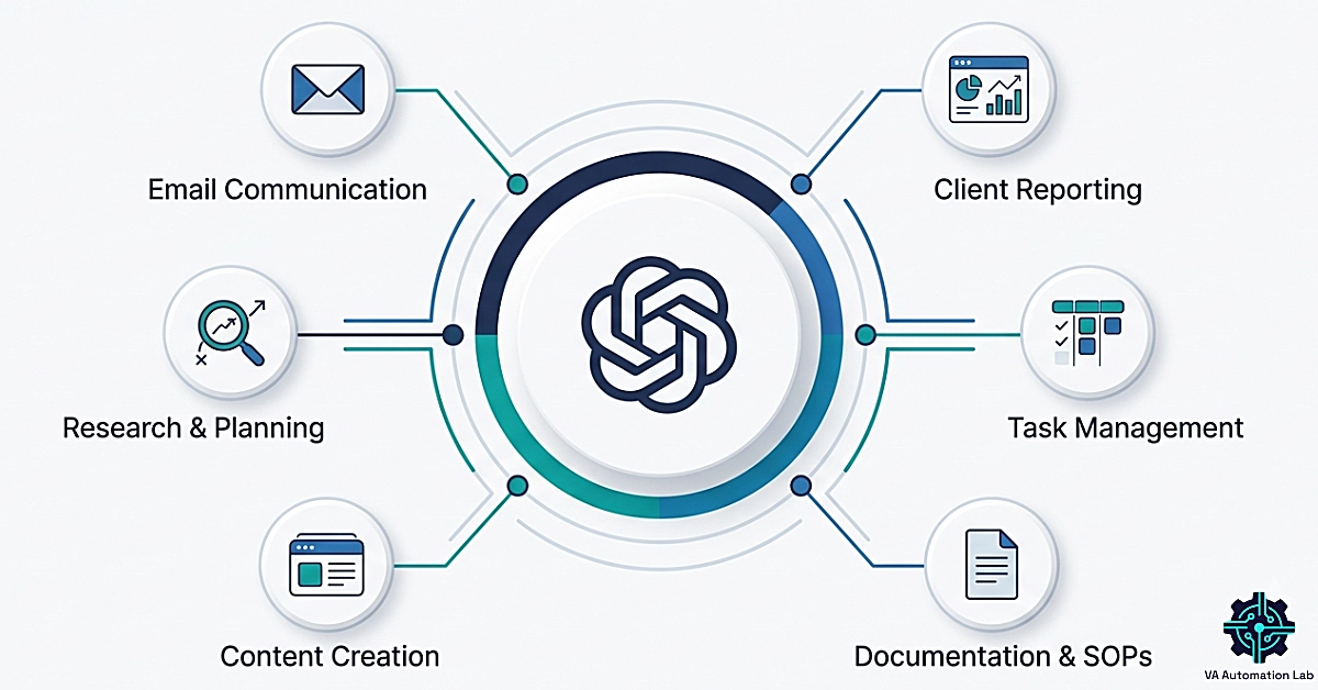 ChatGPT for virtual assistants illustration showing AI-powered workflows for email, reporting and task management