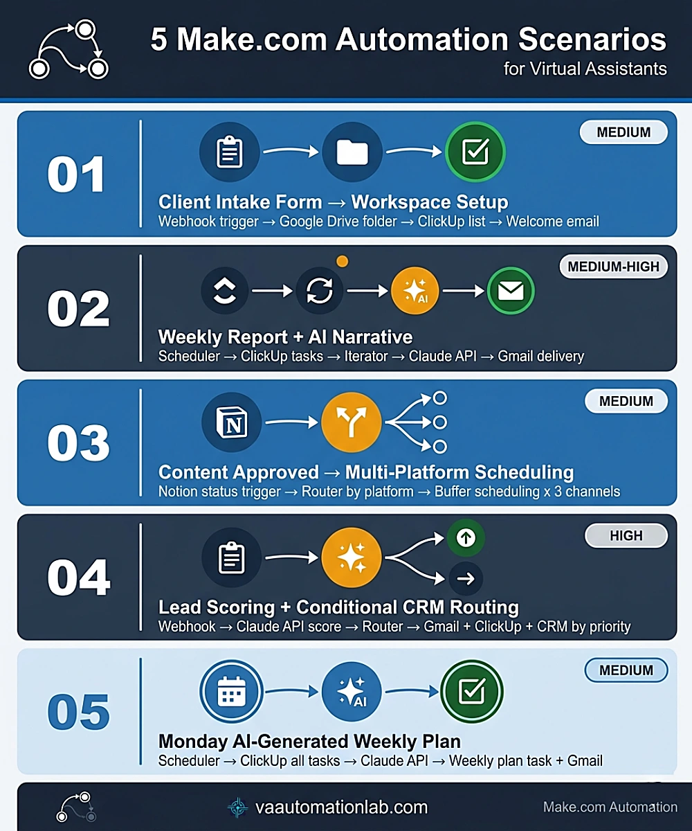 Five Make automation scenarios for virtual assistants — client onboarding, weekly report, content scheduling, lead scoring, weekly plan