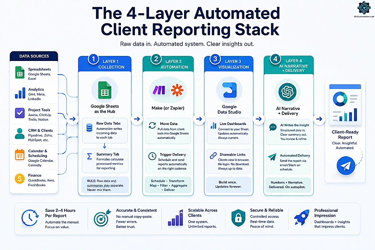 Automated client reporting stack showing data collection, automation, dashboard visualization, and AI-powered report delivery