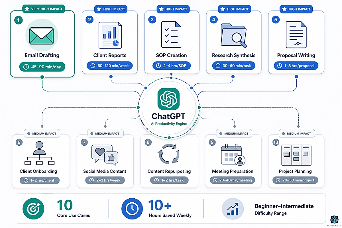 ChatGPT use cases for virtual assistants showing email drafting, reports, SOPs, research and project planning