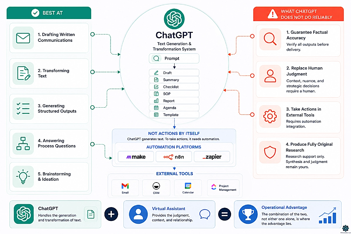 ChatGPT for virtual assistants infographic showing capabilities, limitations, automation tools and human oversight