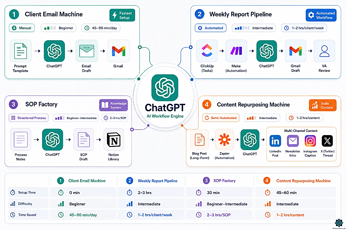 ChatGPT workflows for virtual assistants showing email automation, reporting, SOP creation and content repurposing
