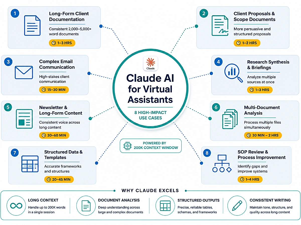 Top 8 Claude AI use cases for virtual assistants — infographic ranked by time saved per task type.