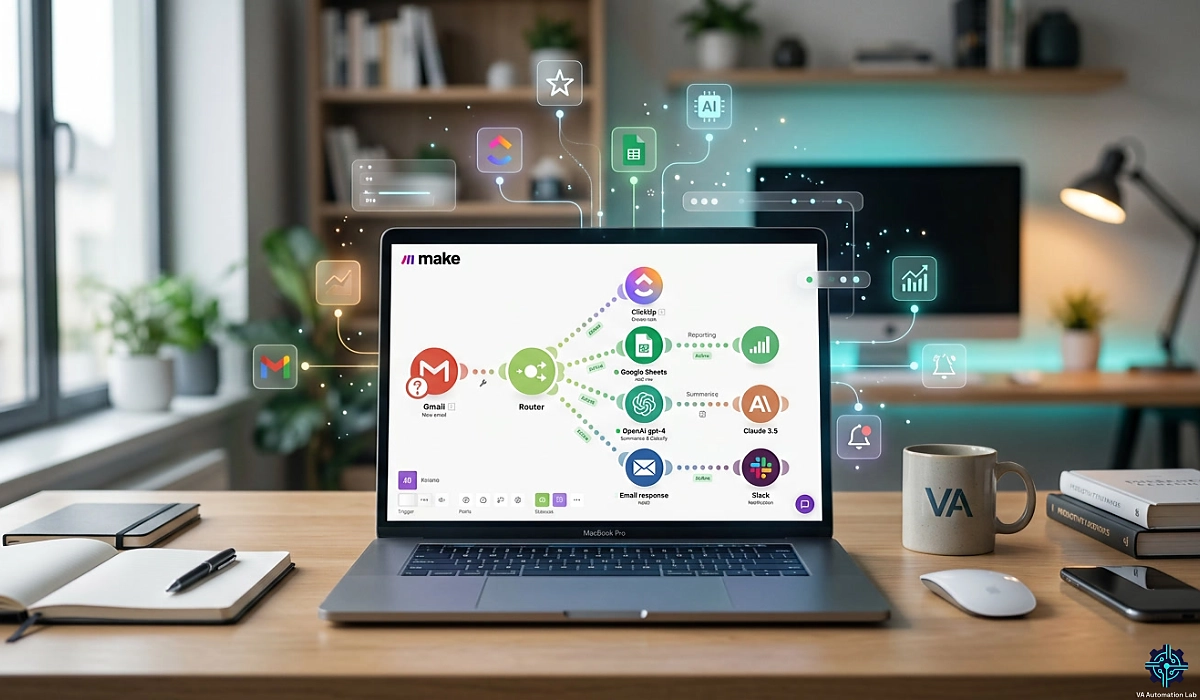 Automation workflow with Make for virtual assistants — connected Gmail, ClickUp, Google Sheets, and AI integrations