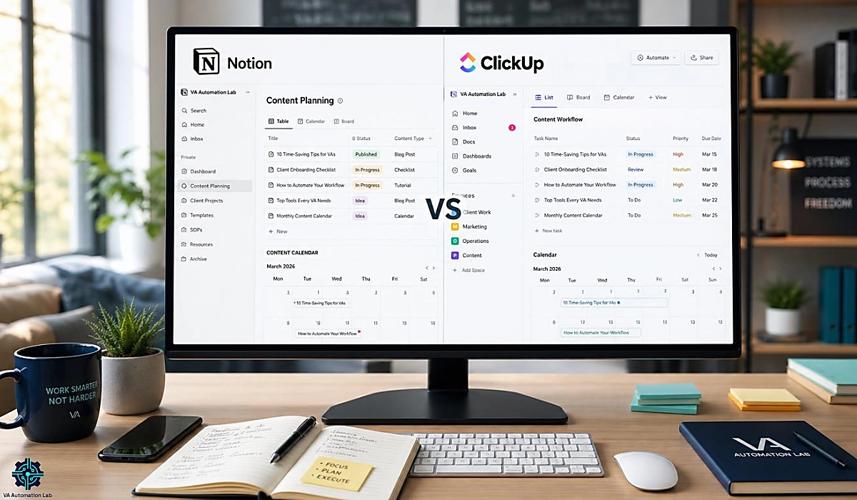 Notion vs ClickUp for virtual assistants β split-screen comparison of document-centric and task-centric interfaces