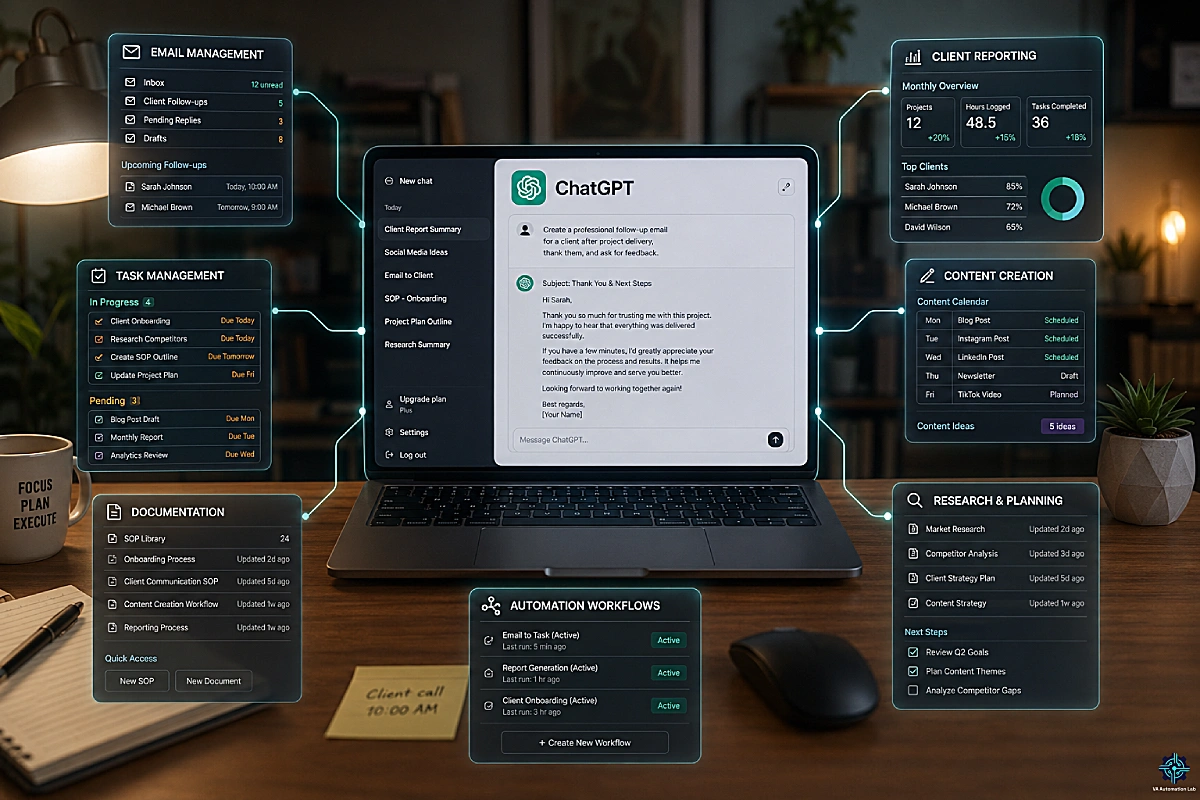 ChatGPT for virtual assistants showing AI-powered workflows for email, reporting, content creation and planning