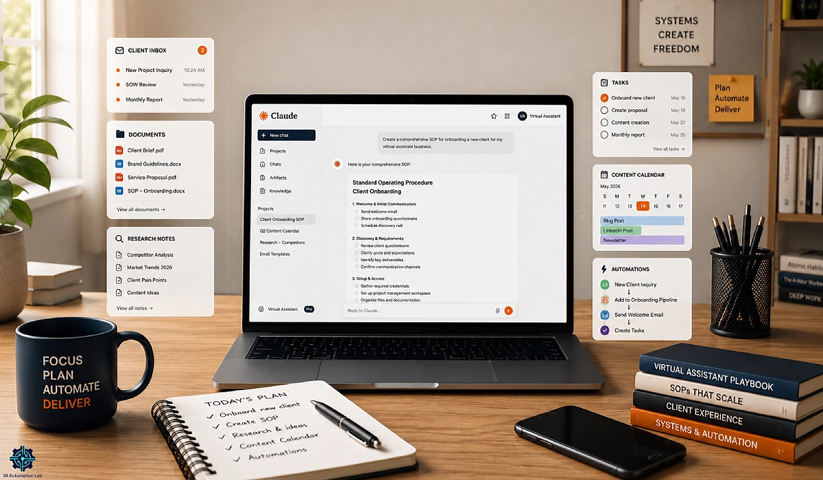 Claude AI for virtual assistants workspace showing SOP creation, client management, task planning and workflow automation