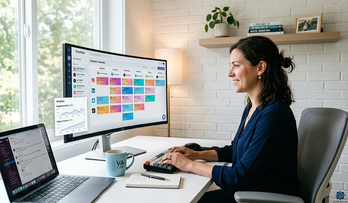 Social media automation for virtual assistants — scheduling dashboard with multi-client content calendar, post queue, and analytics panel
