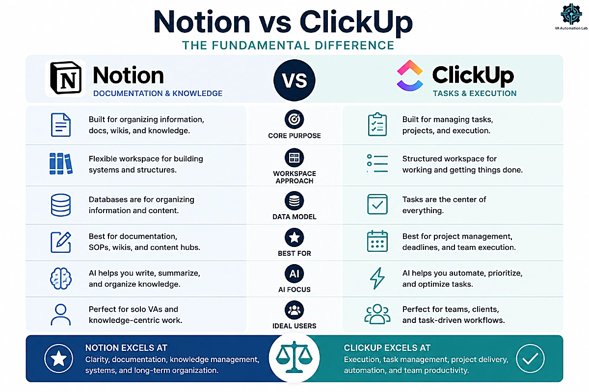 Notion vs ClickUp for virtual assistants β comparison for documentation, task management, AI, automation, and workflows