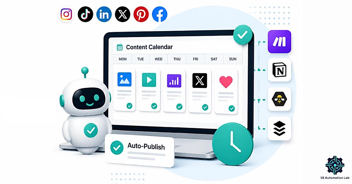 Social media automation workflow for virtual assistants showing a content calendar, automated publishing system, scheduling tools, and multi-platform social media management dashboard
