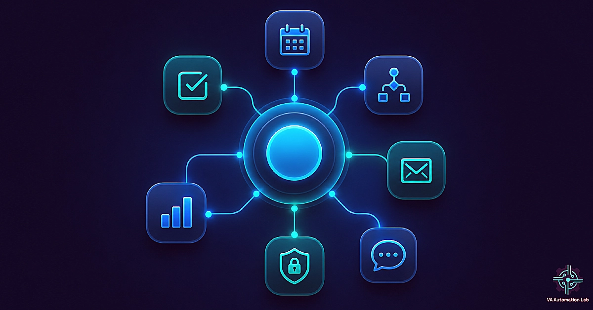 Productivity systems for virtual assistants featuring a centralized operating system that connects task management, scheduling, automation, email, security, communication, and reporting workflows