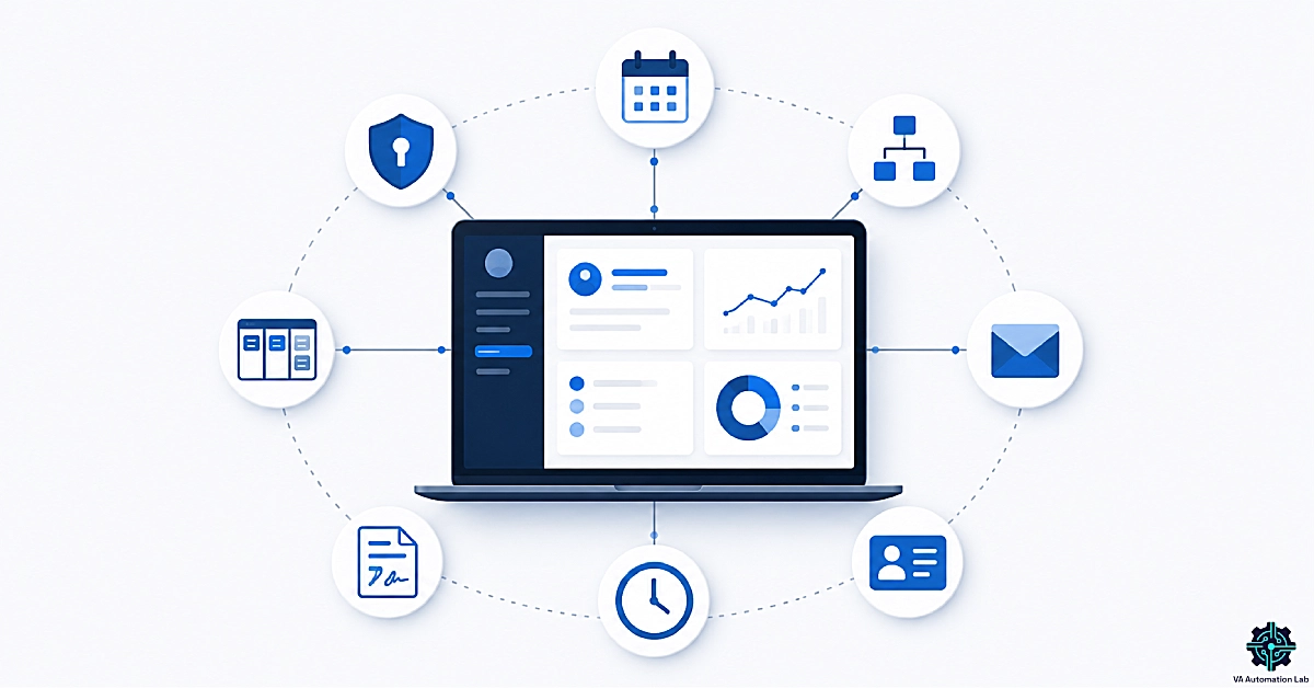 llustration of a complete virtual assistant software toolkit showing scheduling, automation, CRM, email management, project management, time tracking, contracts, and security tools connected within a centralized productivity system.