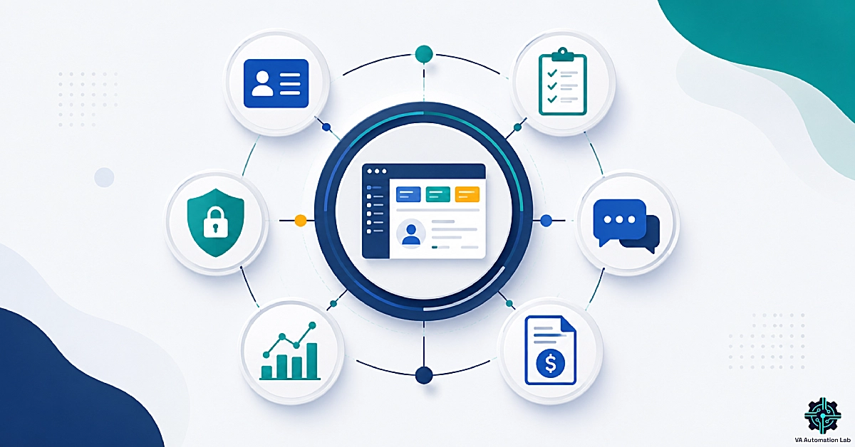 Client management systems for virtual assistants illustrated as a centralized workflow hub connecting CRM, onboarding, communication, billing, automation, reporting, and security processes