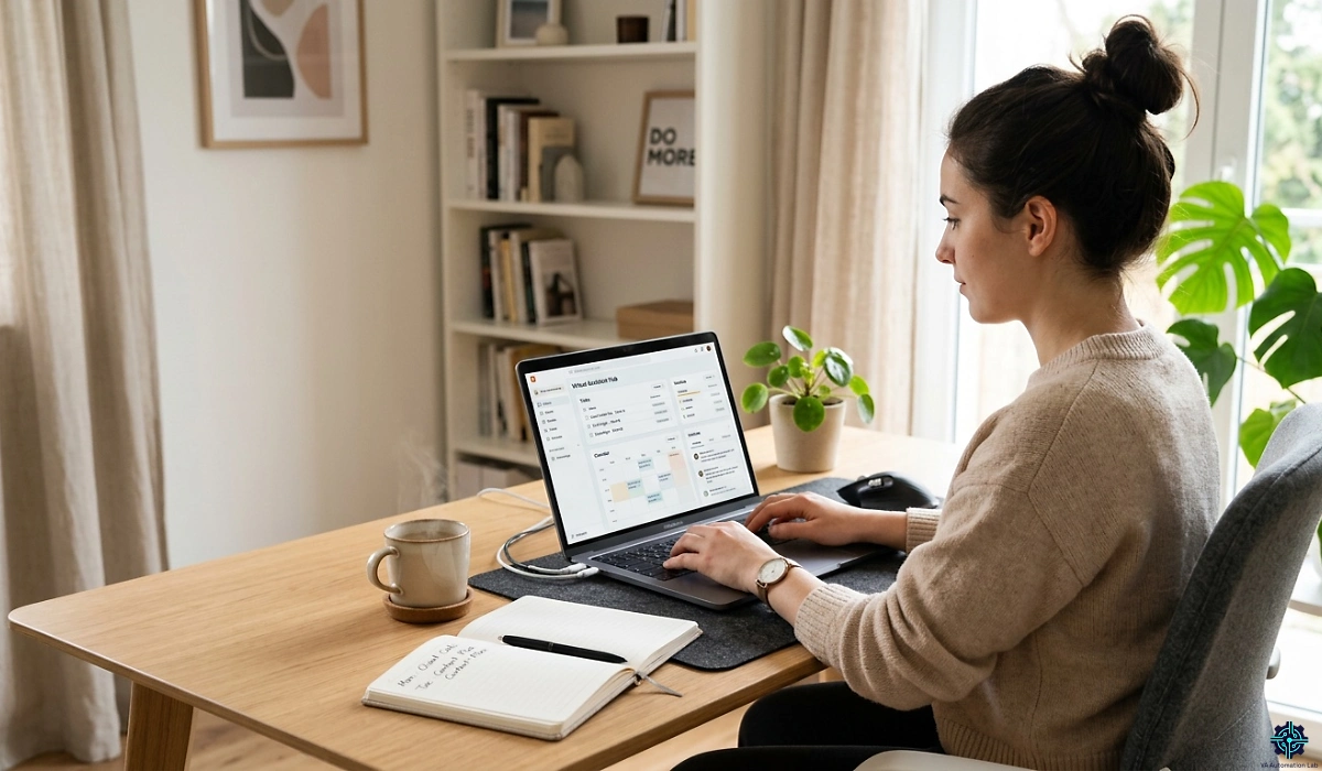 VA using a client management system for virtual assistants to organize clients, tasks, and schedules