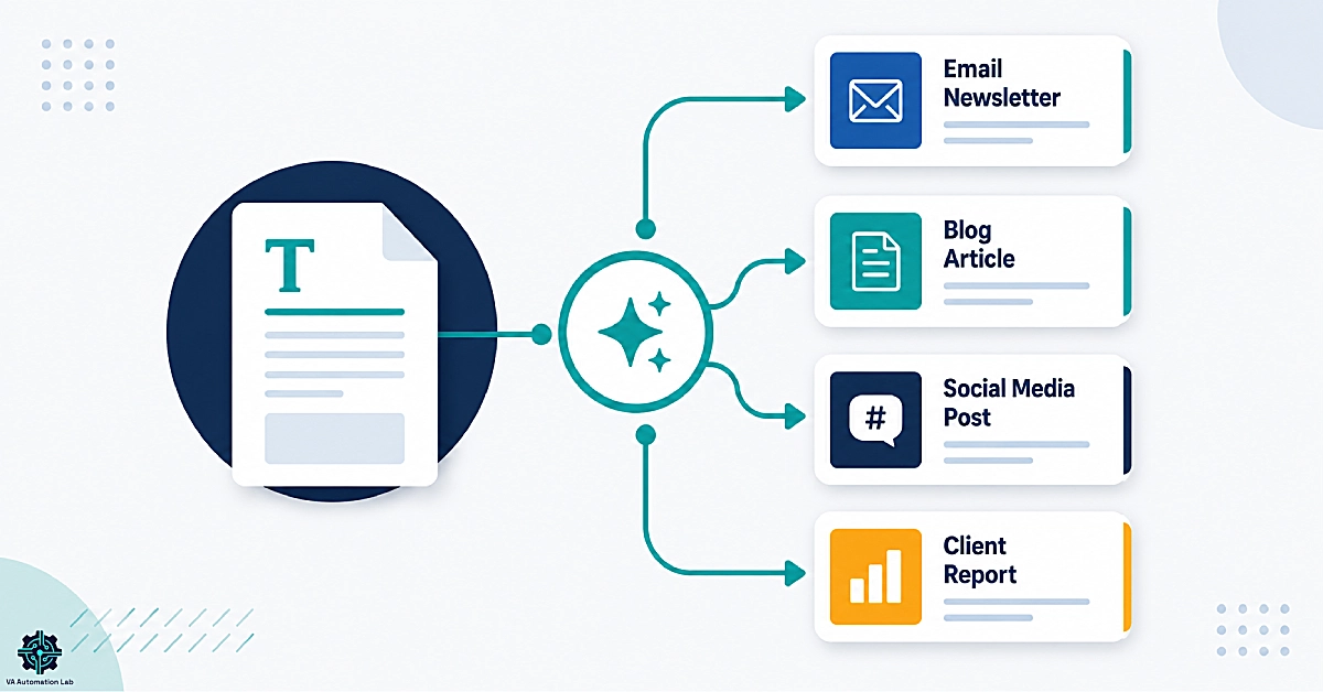 AI-powered content creation workflow showing a virtual assistant transforming one source document into blog posts, email newsletters, social media content, and client reports using AI writing tools