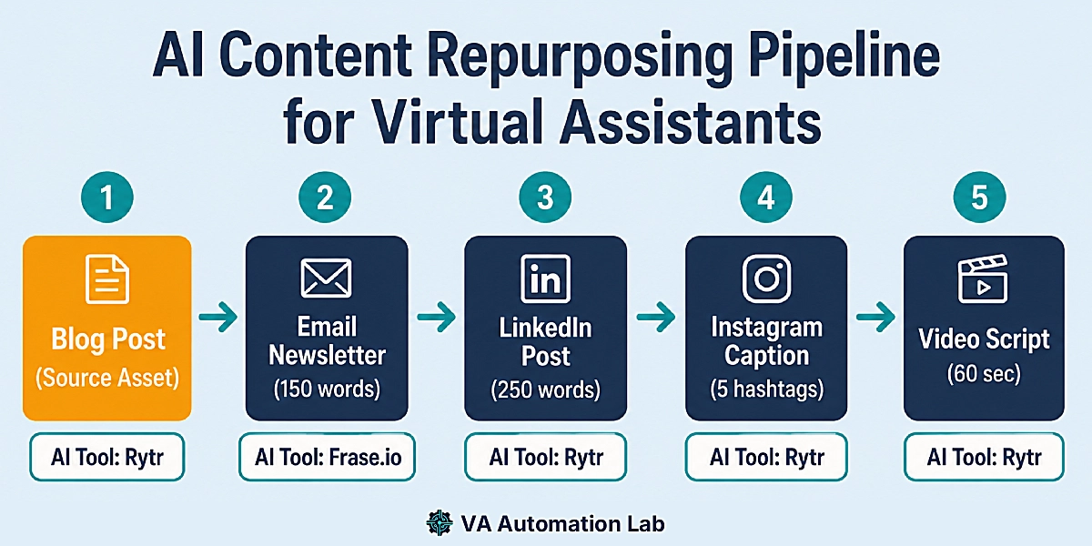 AI content repurposing workflow for virtual assistants: blog post to email to social media to video script.