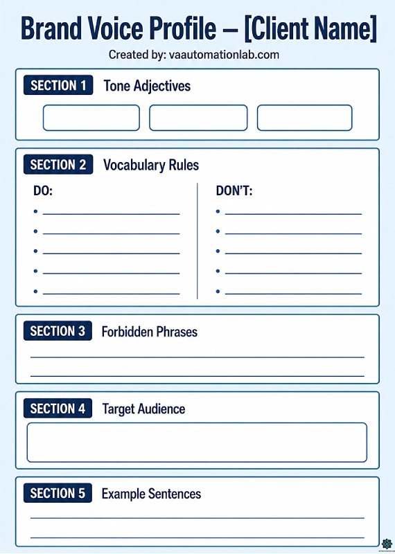 Brand voice profile template for virtual assistants managing AI writing across multiple clients.
