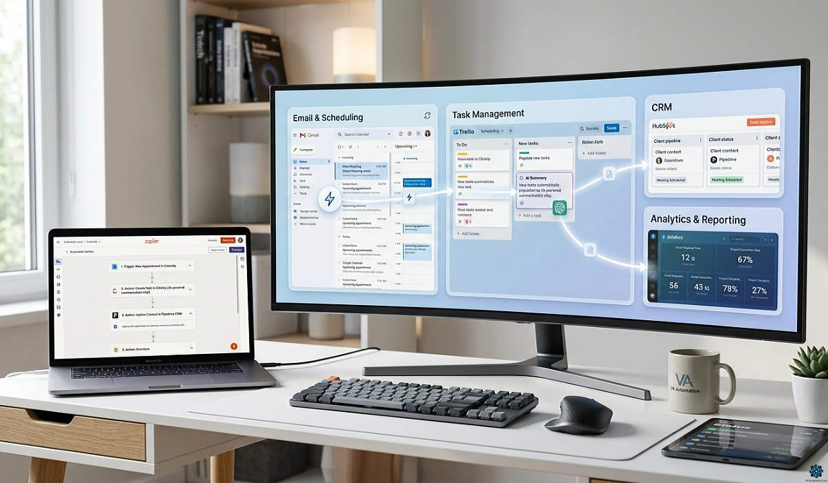 AI automation workflow for virtual assistants — email, calendar, tasks management, analytics, CRM and reporting