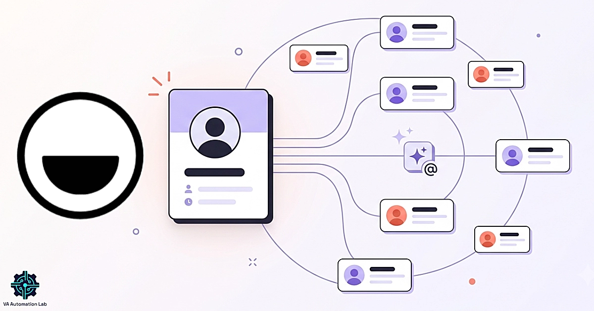 Interconnected client contact cards representing Folk CRM relationship management, AI-powered organization, and client tracking for virtual assistants