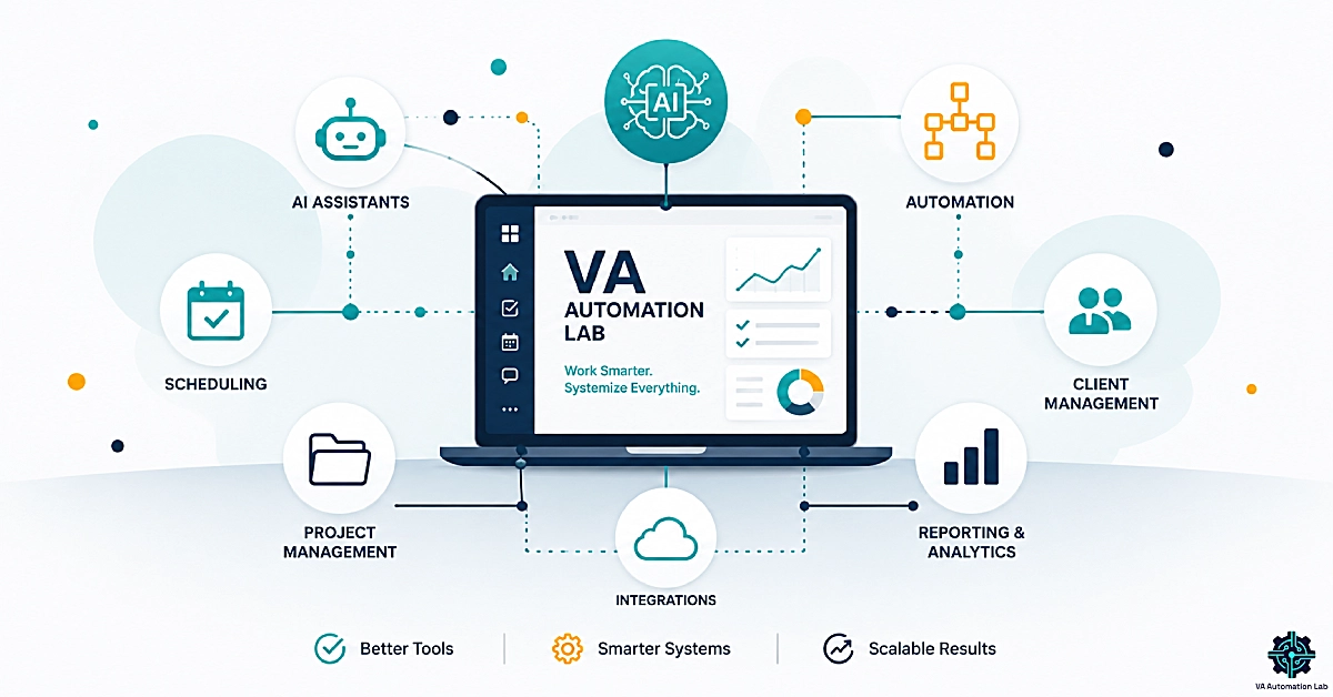 Visual map of the VA Automation Lab ecosystem showing AI tools, automation, project management, scheduling, client management, reporting, and integrations connected through a centralized virtual assistant workflow system.