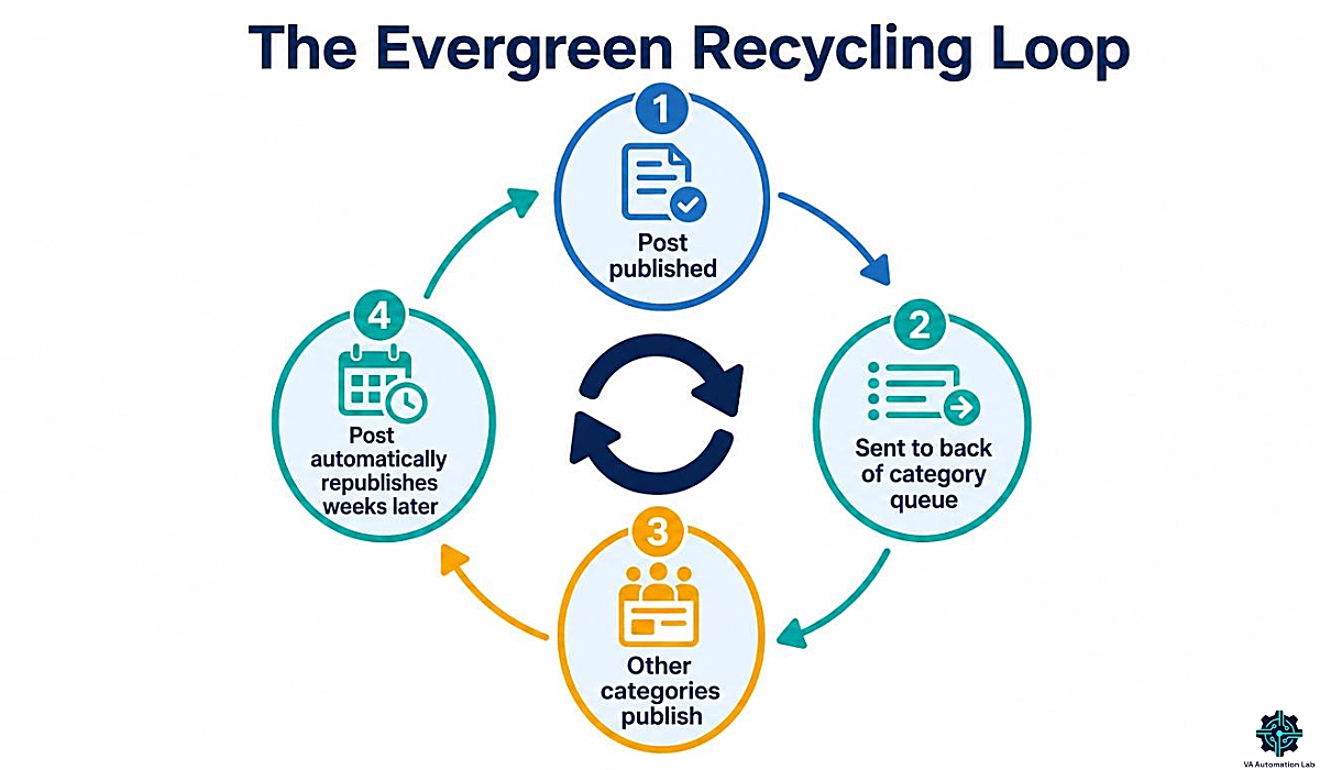 SocialBee evergreen recycling loop for virtual assistants showing how posts republish automatically over time