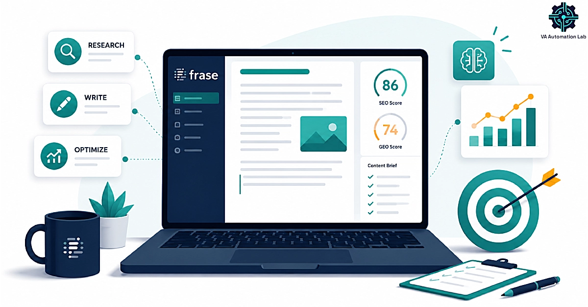 Frase.io workflow for virtual assistants showing AI-powered SEO research, content writing, and optimization process