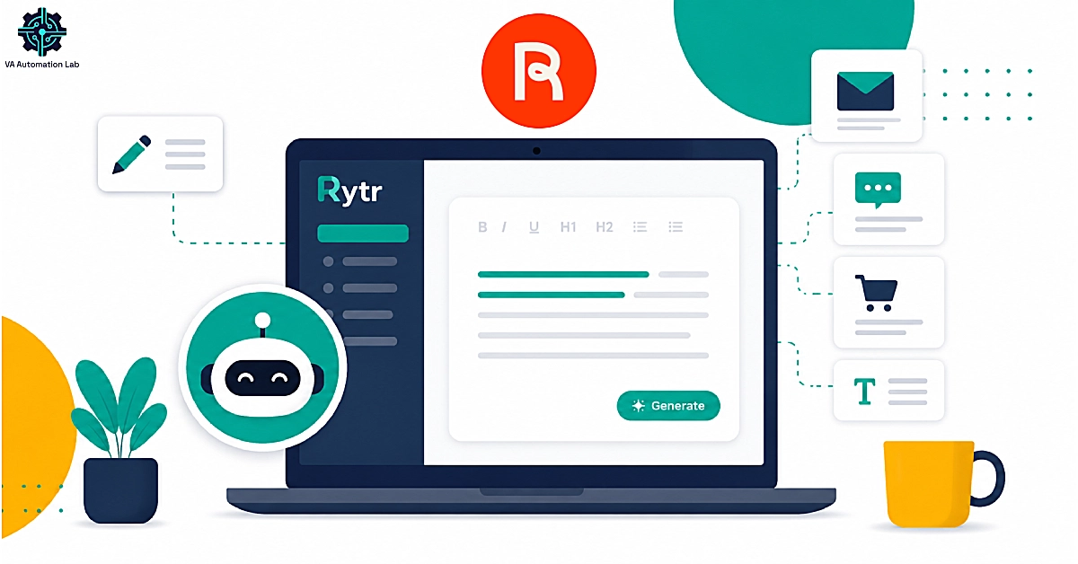 Rytr dashboard illustrating AI writing workflows for virtual assistants creating client content, emails, and social media copy