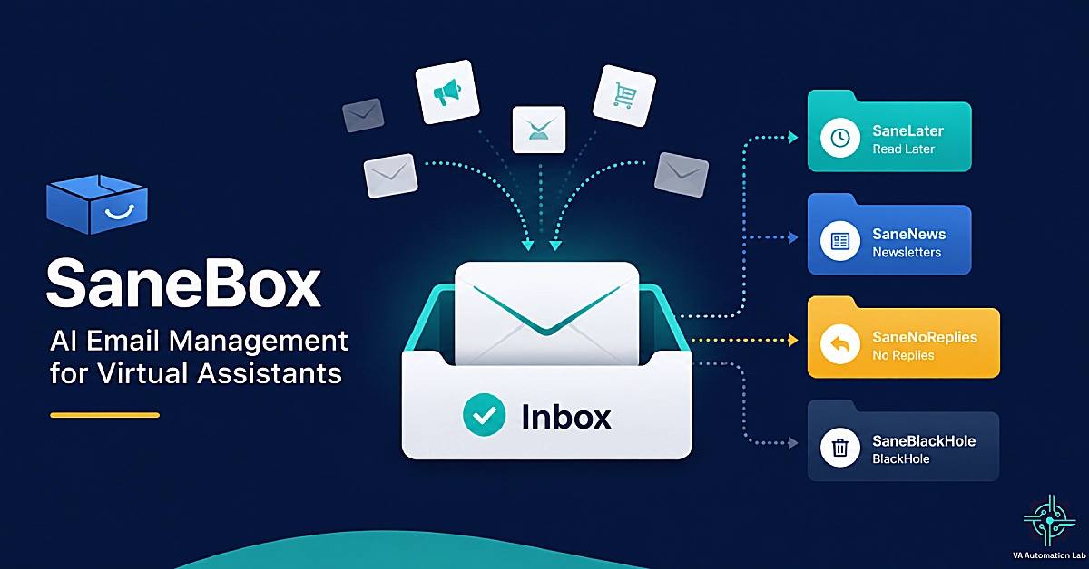 SaneBox for virtual assistants using AI to automatically organize email into smart folders for a cleaner inbox