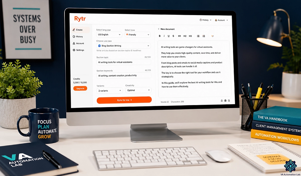 Rytr interface on desktop in a virtual assistant home office creating AI-powered client content and emails
