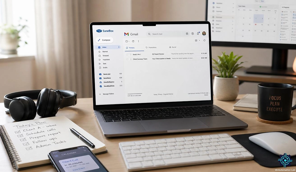 SaneBox for virtual assistants organizing an email inbox with AI-powered filtering and smart email management