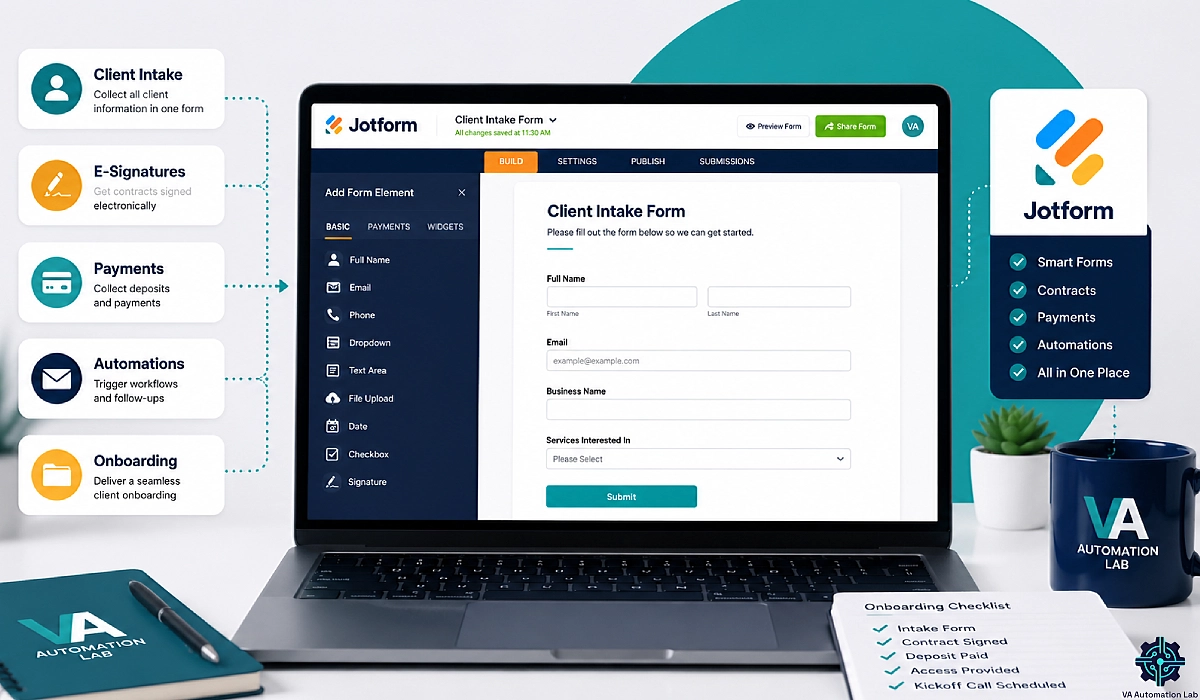 Jotform for virtual assistants — dashboard showing client intake, e-signatures, payments, and onboarding workflow