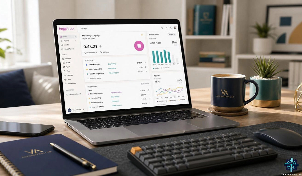 Toggl Track dashboard for virtual assistants with productivity and time tracking setup