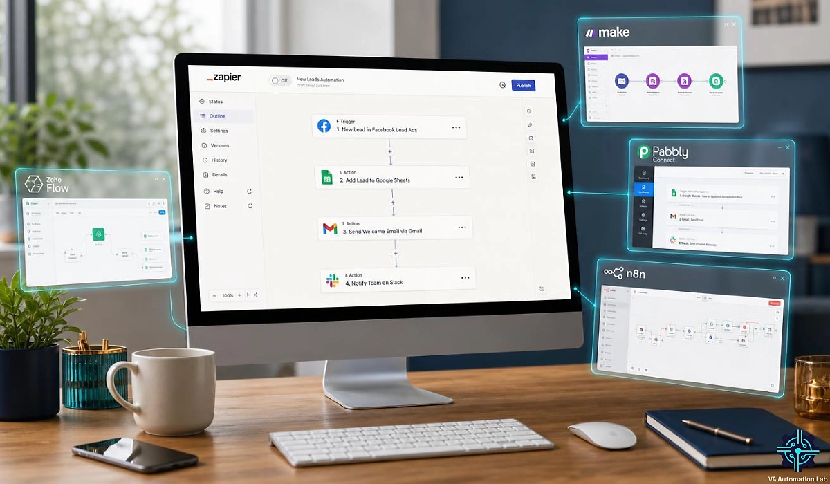 Zapier alternatives for virtual assistants with Zapier dashboard and Make, Pabbly, n8n and Zoho Flow interfaces