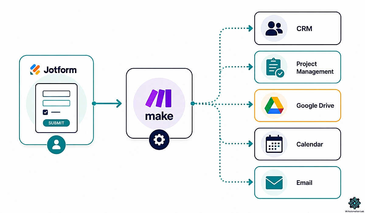 Jotform and Make automation workflow connecting CRM, calendar, email, Google Drive, and project management